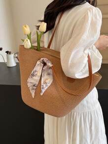 Simple Large-Capacity Contrast Color Woven Tote Bag For Women, Portable Shoulder Handbag Suitable For Vacation And Travel, Perfectly Matching With Vacation Outfits Women - Brown - View 2