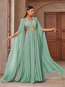 女士 V 领贴花披肩优雅阿拉伯长裙，端庄的卡夫坦 - 薄荷綠 - 查看 5