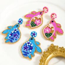4pcs/Set Handmade Seed Bead Sea Turtle & Flower Dangle Earrings, Suitable For Women's Daily Wear And Summer Beach - Multicolor - View 5