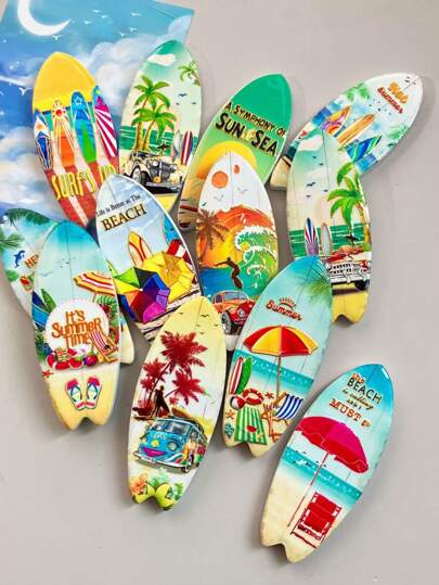 1pc Random Pattern Skateboard & Surfboard Shaped Ceramic Fridge Magnet, Beach Theme Foil Art, Fashionable Creative Home Decor & Festival Gift Gifts Birthday Graduation