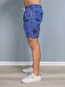 Men's Beach Shorts With Tree Print And Pocket - Blue - View 6