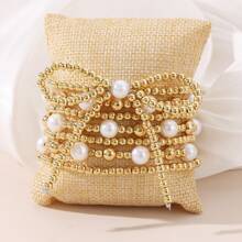 4/5/7/8pcs Simple Beaded Cross Faux Pearl Bow Bracelets Set, Women Vacation/Meet-Up/Birthday Gift, Daily Party & Casual Wear Accessory