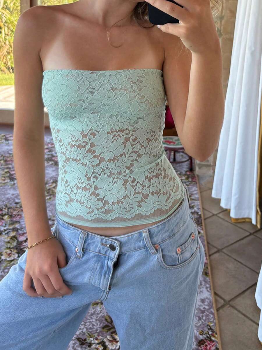 Women Lace Tube Top Without Bra  Y2k Floral Lace Sheer Mesh Strapless Bandeau Crop Tops Sexy Backless Sleeveless See Through Going Out Tops Off Shoulder Vests Shirts Vintage Aesthetic Clothes Streetwear - 薄荷綠 - 查看 1