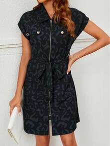 休闲通勤豹纹拉链衬衫裙