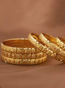1/3/6 Pieces Of Sand Gold Exquisite Hand Carved Pattern Exquisite 24k Gold Plated 8mm Wide Bracelet For Women, Without Box
