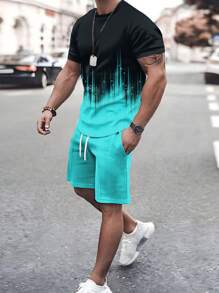 2pcs/Set Men Summer Casual Suit, Colorblock Short Sleeve Round Neck T-Shirt & Drawstring Shorts Set, Beach & Exercise Outfit, Plus Size - Cadet Blue - View 1