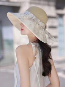 1 件女士帽子，新款春夏水印花花卉拼布蝴蝶结草帽，时尚百搭轻便透气防风遮阳帽，户外旅行度假防晒宽边渔夫帽，适合日常使用