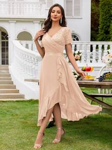 MIUSOL Đầm dạ hội thanh lịch cổ chữ V đính sequin và ren, phối màu tương phản, chất liệu chiffon, xếp ly, thích hợp cho khách dự đám cưới, tiệc tối trang trọng và các dịp khác trong mùa hè. - Rượu sâm banh - Xem 6