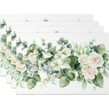 Juego de 4 manteles individuales rectangulares con estampado floral de rosas blancas y hojas, lavables, para decoración de mesa de fiesta, hogar, cocina, restaurante