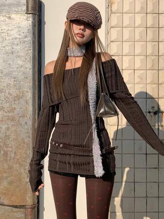 Suéteres largos casuales de hombros descubiertos estilo Y2K Gyaru Harajuku, ajuste ceñido, suéteres cortos con cuello vuelto, manga completa, minivestido de punto, simple y delicado para primavera