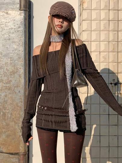 Off Shoulder Long Sweaters Casual Y2k Gyaru Harajuku Slim Fit Pullovers Sexy Turndown Collar Full Sleeve Knitwear Mini Dress Simple Gentle Spring Break