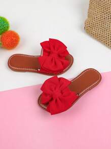 一双女童夏季平底拖鞋蝴蝶结设计软底休闲沙滩鞋时尚拖鞋 - 紅色 - 查看 2