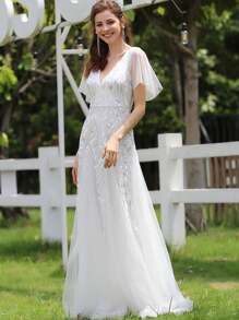 浪漫深V领薄纱花卉亮片短袖婚纱，白色新娘礼服，适合夏季婚礼仪式 - 白色 - 查看 5