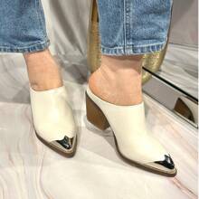 Women's MInimalist Style Pointed Toe Mules With Metallic Toe Stylish Sandals Summer Sandals For Women - White - View 5