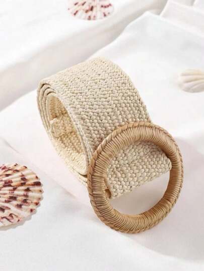 1pc Women's Casual Elastic Waist Straw Woven Belt, Vacation Style