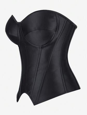 Overbust Corset Top Bustier, Striped With Cups, Strapless Women's Bodysuit, Slimming Shapewear, Suitable For Costume Parties, Halloween, Pure Black Color