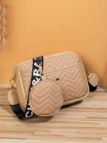 New Design 2pcs/Set Women Shoulder Bag With Wide Strap, Printed Small Square Bag With Fashionable Wave Embroidery, Crossbody Bag With Coin Purse