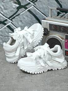 2025 Autumn Women's Classic White Sneakers, High Street Style, Lace-Up, Non-Slip, Wedge Platform Chunky Sneakers, Suitable For Festivals, Parties, Gatherings, Fashionable Outings - White - View 6