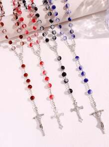 1 pieza Collar con cuentas de diseño agrietado minimalista de moda con colgante de cruz, joyería de cuentas de oración musulmana versátil, regalo para hombres en festividades