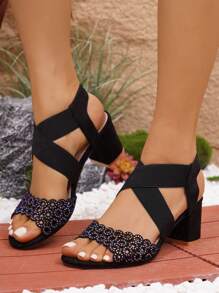 女士系带交叉松紧带粗跟罗马凉鞋，激光切割铆钉鞋面，优雅舒适的高跟凉鞋