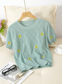 GIGOGOU Áo thun ngắn tay thêu họa tiết thời trang nữ, áo thun dệt kim thoáng khí thêu họa tiết, thích hợp cho kỳ nghỉ hè. - màu xanh lá - Xem 5