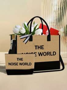 Women's Summer "The House World" Beach Handbag With Shoulder Strap, Side Pocket Design, Paired With Makeup Bag, Suitable For Beach, Seaside, Travel, Wedding, Birthday And Vacation. Large Capacity Shoulder Bags, Shopping Bags, Weekend Bags - Khaki - View 2