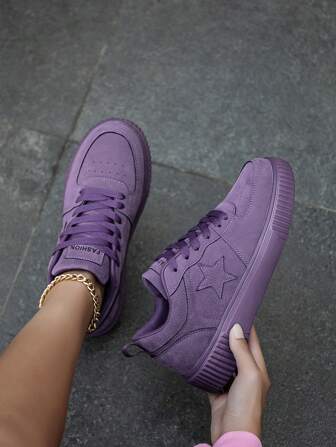 女士新款休闲星形图案前系带运动鞋，百搭时尚户外徒步轻便运动鞋