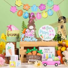 21 Piece Set Of Easter Bunny Layered Tray Decoration, Farmhouse Layered Tray Decoration, Easter Happy Bunny Carrot Wooden Logo, Spring Country Bunny Decoration, Suitable For Family Dining Table, Fireplace Rack, Church Party