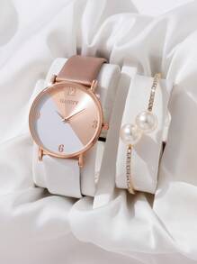 2 件/套女士休闲 PU 表带石英手表和珍珠水钻手链 - 彩色 - 查看 1
