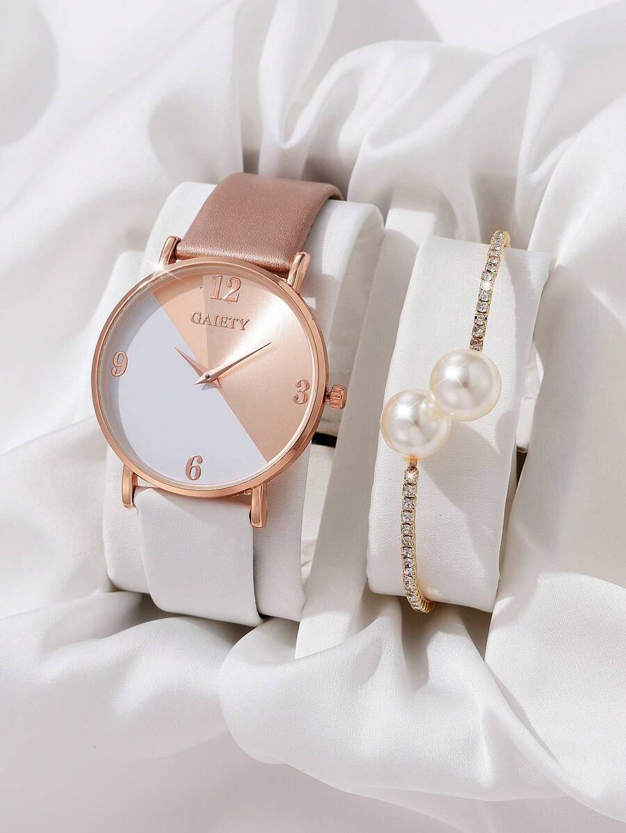 2 件/套女士休闲 PU 表带石英手表和珍珠水钻手链 - 彩色 - 查看 1