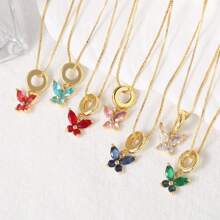 1 件不锈钢 18K 珍珠项链配彩色锆石蝴蝶吊坠，时尚奢华，适合派对、约会、工作 - 蝴蝶型 - 查看 4