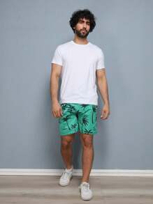 Men's Beach Shorts With Tree Print And Pocket - màu xanh lá - Xem 3