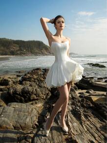 HEARBOBO New Year Chic Women Off Shoulder Satin Puff Skirt Sexy Sweet Mini Dress For Party, Bridal Shower