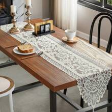 1pc Red Jacquard Lace Tassel Table Runner, Fashionable , Suitable For Christmas, Valentine's Day And Other Holiday Celebrations Table Decor