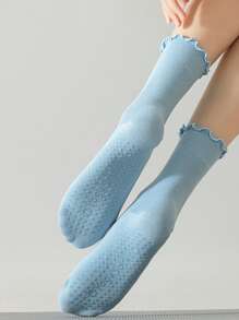 1Pair/6Pairs Solid Color Yoga Socks With Rolled Edges, Non-Slip Mid-Calf Socks For Indoor Fitness And Pilates, Seamless Sports Socks For Women