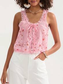 Women Lace Trim Vest Tank Tops Y2K Fairy Sleeveless Tie Button Front Sheer Mesh Crop Tops Summer Going Out Tops Cute Loose Fit Cami Shirt  Aesthetic Clothes - 彩色 - 查看 5