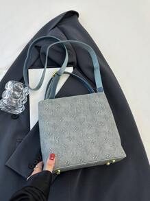 时尚新款复古压纹拼色水桶包，优雅手提包配肩带 - 藍色 - 查看 8