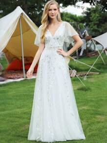 浪漫深V领薄纱花卉亮片短袖婚纱，白色新娘礼服，适合夏季婚礼仪式 - 白色 - 查看 7