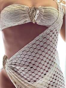 3pcs Set: Simple Solid Color Swimwear Top With Metal Accent, V-Cut Triangle Shorts, And Solid Color Side Trim Maxi Skirt Cover Up - White - View 4