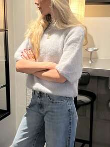 Women's Spring Autumn Knit Sweaters Half Sleeve O Neck Solid Color Casual Knitwear - Grey - View 3