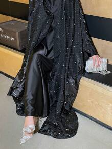 2pcs Island Sparkling Rhinestone Beaded Long Abaya Shawl For Women, Modest Robe - Black - View 2