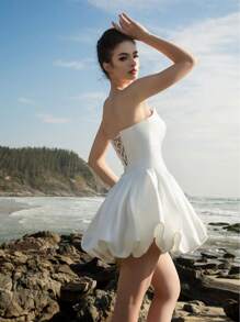 HEARBOBO New Year Chic Women Off Shoulder Satin Puff Skirt Sexy Sweet Mini Dress For Party, Bridal Shower