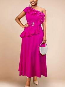 One Shoulder Ruffles Elegant A-Line Long Dresses Peplum Belly Hide Birthday Wedding Guest,Outfit For Date,Party,Wedding Dress,Bridesmaid Dress,Graduation Dress,Wedding Guest - Hot Pink - View 1
