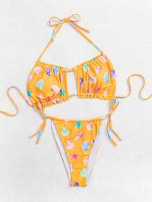 New Sexy & Cute Casual Ocean Creature Frill Trim Separate Bikini Swimwear - Yellow - View 5