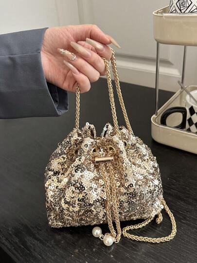 1 pieza Bolso cubo con cordón de cadena, cierre de PVC con lentejuelas brillantes, decoración de perla metálica falsa, bolso de fiesta colorido con brillos para dama, bolso bandolera/cruzado con forma de barra de labios, regalo de moda para mujer para fiestas/vestidos de noche, combinación perfecta para fiestas nupciales