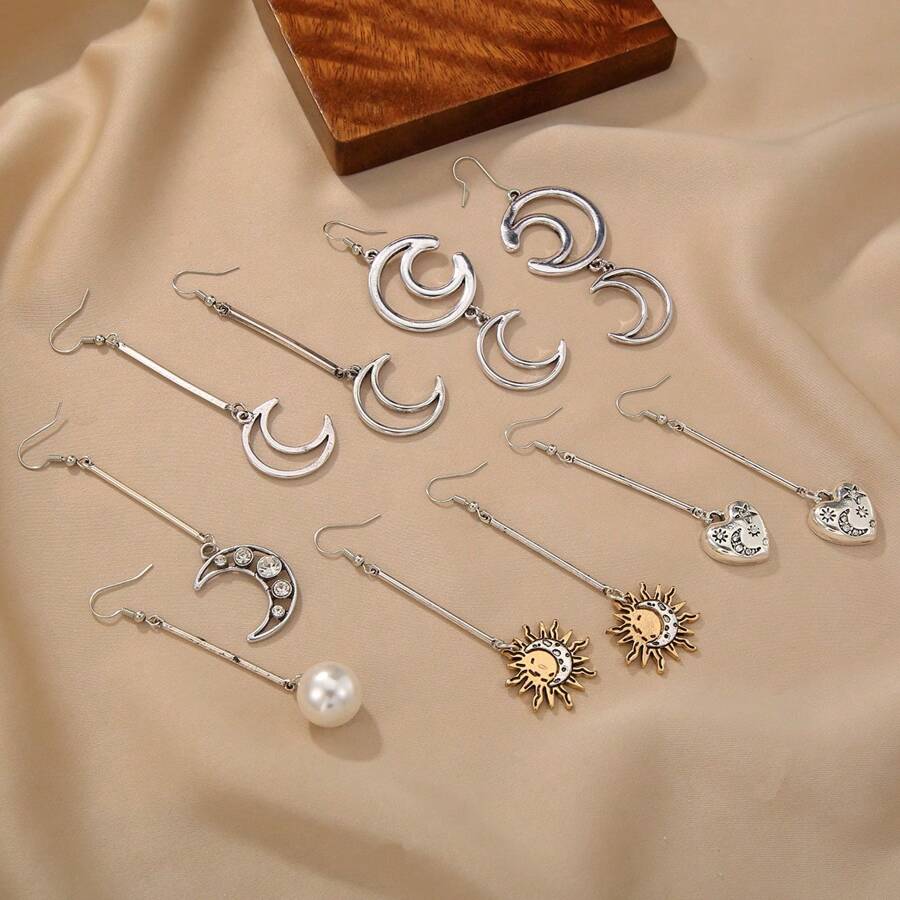 1 对复古水钻星星、月亮、太阳流苏吊坠耳环 - 彩色 - 查看 1
