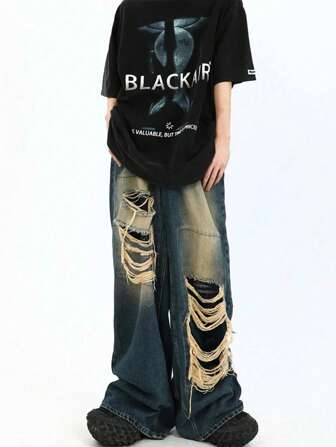 1 件装男士蓝色宽腿牛仔裤，大破洞，做旧