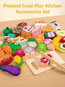 Wooden Play Food Sets For Kids Kitchen Toddlers Wood Toys Cutting Fruit Pretend Food Play Kitchen Accessories Set For Boys And Girls