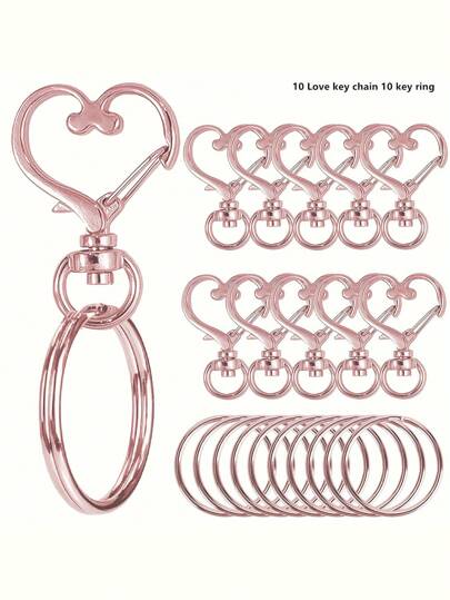 Set de 20 Ganchos giratorios con forma de corazón y anillo para llaves - (10 Llaveros + 10 Argollas para llaves) Hebilla metálica de resorte colorida, adecuada para manualidades DIY, joyería, cordones y adornos - Aleación de zinc, anillo partido con mosquetón