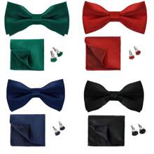 1 套男士纯色提花口袋巾、领结、袖扣 3 件套，商务正装领结口袋巾